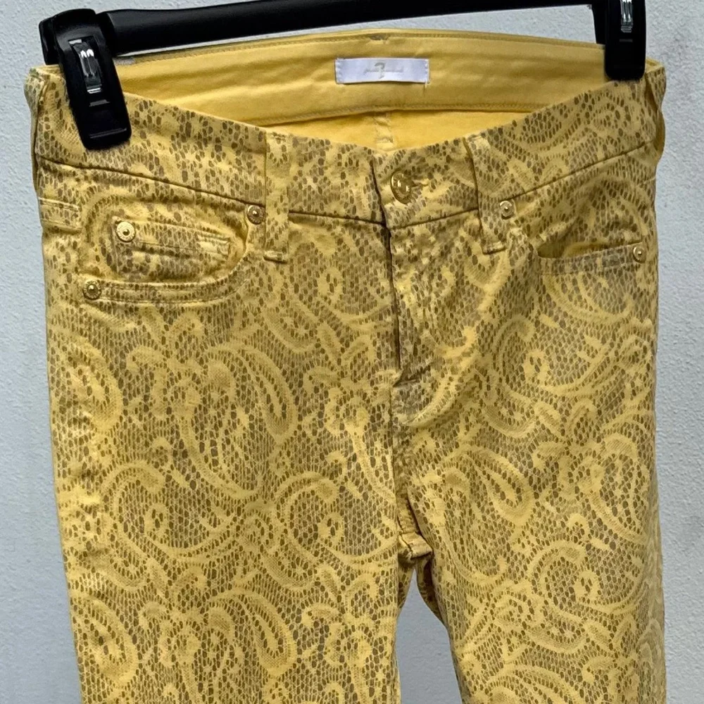 Y2K 7 For All Mankind Yellow Paisley Lace Skinny Jeans Size 26 - Picture 2 of 7